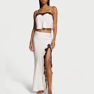Lace Trim Satin Crop Top and Slip Skirt Set